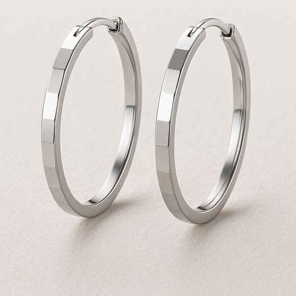 S925 Sterling Silver Hoop Earrings with Square Engraving, 29mm Minimalist Polish - Picture 3 of 5